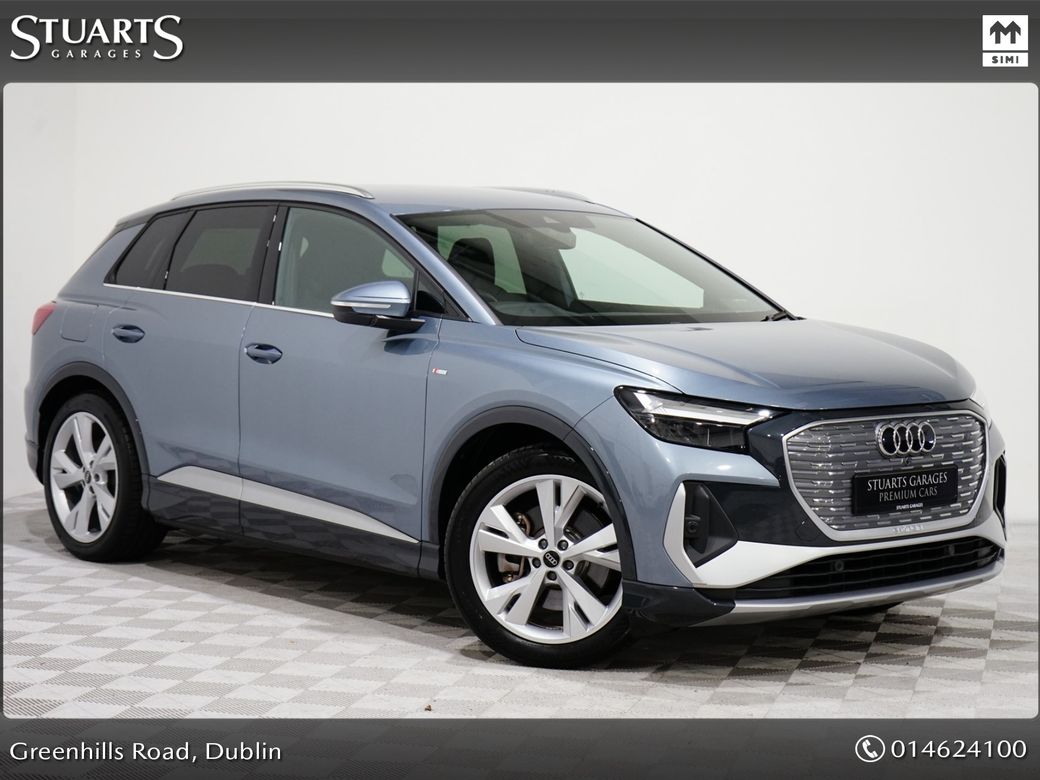 Image for 2024 Audi Q4 e-tron *S/LINE 40 – BIGGER BATTERY* Q4 E-TRON SLINE SUV: GEYSER BLUE METALLIC WITH FULL BLACK LEATHER, 20” ALLOYS, HEATED SEATS, REVERSING CAMERA