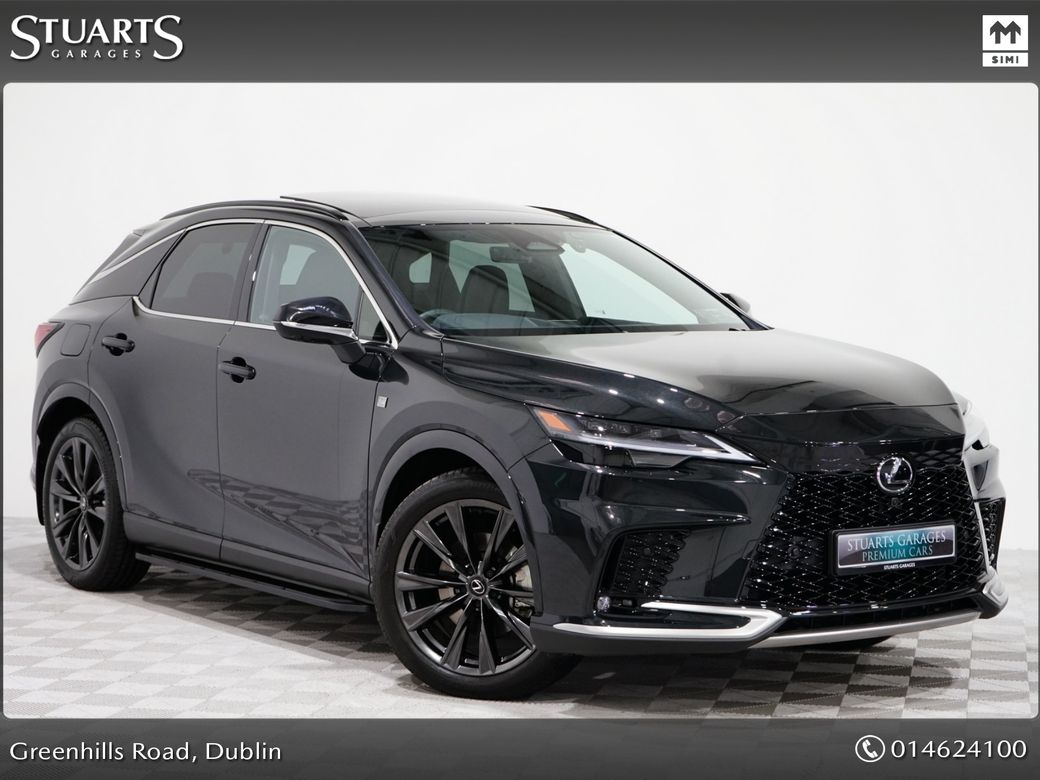 Image for 2025 Lexus RX450h+ RX450+ PHEV F-SPORT: GRAPHITE BLACK METALLIC, BLACK LEATHER WITH BLACK HOLOGRAM INLAYS, 21” BLACK GLOSS 10 SPOKE ALLOYS, RUNNING BOARDS