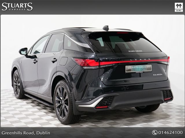 Image for 2025 Lexus RX450h+ RX450+ PHEV F-SPORT: GRAPHITE BLACK METALLIC, BLACK LEATHER WITH BLACK HOLOGRAM INLAYS, 21” BLACK GLOSS 10 SPOKE ALLOYS, RUNNING BOARDS
