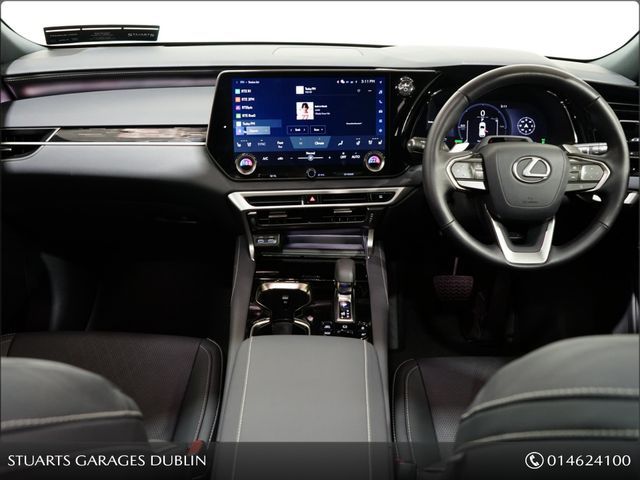 Image for 2025 Lexus RX450h+ RX450+ PHEV F-SPORT: GRAPHITE BLACK METALLIC, BLACK LEATHER WITH BLACK HOLOGRAM INLAYS, 21” BLACK GLOSS 10 SPOKE ALLOYS, RUNNING BOARDS